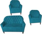 Kit 2 Poltrona + Namoradeira Decorativa Para Sala Recepção Consultorio Suede Azul Turquesa -ANCHAR ESTOFADOS