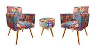 Kit 2 Poltronas Decorativa Nina + Puff Redondo Suede Patchwork Pés Madeira Mz Decor