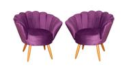 Kit 2 Poltronas Decorativa Pétala Veludo Roxo Pés Madeira Mz Decor - Mazzero Decor