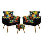 Kit 2 Poltronas Decorativas Estofadas Opala com Puff Solar Sued Estampado Colorido com Preto Aradecor