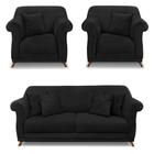 Kit 2 Poltronas e Sofá Living 2 Lugares 1,80m Vênus Suede Preto Pés Castanho - Pallazio