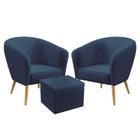 Kit 2 Poltronas Estofadas Vênus Detalhada com Puff Quasar Sued Azul Marinho Aradecor