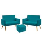 Kit 2 Poltronas Namoradeira Vega com Rodapé e Puff Solar Suede Azul Turquesa Aradecor