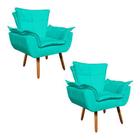 Kit 2 Poltronas Opala Cadeira Decorativa Suede Azul Turquesa
