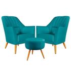 Kit 2 Poltronas Orion Bordada com Puff Solar Suede Azul Turquesa Aradecor