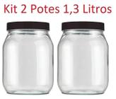 Kit 2 Pote 1,3 Litros Recipiente De Vidro Liso Invicta Preto