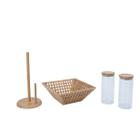 Kit 2 potes de vidro tampa bambu 800ml, fruteira vazada bambu e porta papel toalha de bambu Oikos