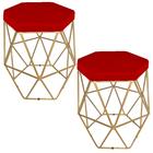 Kit 2 puff decorativos para sala hexagonal aramado base dourada suede vermelho - clique e decore