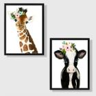 Kit 2 Quadros Animais Girafinha E Vaquinha 33x24cm - com vidro