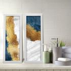 Kit 2 Quadros Decorativos Lavabo Abstrato Pincelada Branco Azul Dourado