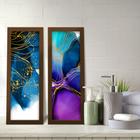 Kit 2 Quadros Decorativos Lavabo Aquarela Azul Roxo Floral Lineart Dourado