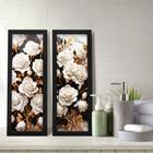 Kit 2 Quadros Decorativos Lavabo Rosas Floral Flores Preto Branco Dourado Mármore