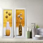 Kit 2 Quadros Decorativos Lavabo Vaso Arranjo Floral Branco e Dourado Moderno