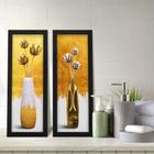 Kit 2 Quadros Decorativos Lavabo Vaso Arranjo Floral Branco e Dourado Moderno