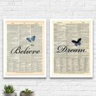 Kit 2 Quadros Dream Believe Borboleta 33x24cm - com vidro