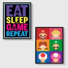 Kit 2 Quadros Eat Sleep Game Repeat Personagens 33x24cm