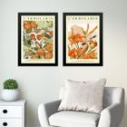 Kit 2 Quadros Flores Laranjas Com Passarinhos 45x34cm - com vidro