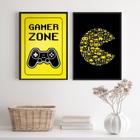 Kit 2 Quadros Gamer Preto/Amarelo 24x18cm - Moldura Branca