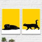 Kit 2 Quadros Gato Preto Fundo Amarelo 24X18Cm - Com Vidro