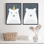 Kit 2 Quadros Infantis Menino Urso Polar Azul E Branco 45x34cm - com vidro