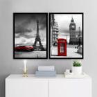 Kit 2 Quadros Paris e Londres - Vermelhos 33x24cm - com vidro