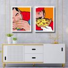 Kit 2 Quadros Super Herois Comendo Lanches 45x34cm