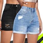 Kit 2 SHORTS JEANS RASGADO Slim FEMININO Casual Elastano Cintura Alta 1049