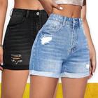 Kit 2 SHORTS JEANS RASGADO Slim FEMININO Casual Elastano Cintura Alta 1049