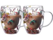 Kit 2x Copos De Vidro Flor Seca Duplo Copo Flores Secas Xicara Caneca