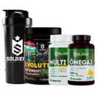 Kit: 2x Ômega 3 + 2x Multivitaminico + 2x Pré-Treino Evolution 300g + Coqueteleira Slim 600ml (Brinde) - Soldiers