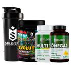 Kit: 2x Ômega 3 60 Caps + 2x Multivitaminico 60 Caps + 2x Pré Treino Evolution 300g + 1x Coqueteleira 600ml (Brinde) - Soldiers Nutrition