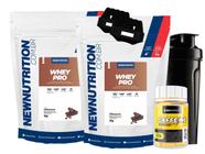 Kit 2x Whey Protein 900g Cafeina Shaker Luva New Nutrition