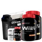 Kit 2x Whey Protein Waxy Whey Pote 900g + BCAA 100g + Power Creatina 100g + Waxy Maize 800g + Coqueteleira 600 ml - Aumento de Massa Muscular