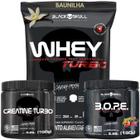 Kit 2x Whey Turbo + 2x Creatina 150g + Pré-Treino BOPE 150g + Thermo Flame Termogênico 120 Tabletes+ 2x Coqueteleira - Black Skull