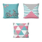 Kit 3 Almofadas Decorativas Rosa e Azul Bike Para Sofá 40x40 - Novadecora