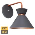 Kit 3 Arandela Parede Berlin 15cm Cinza C/ Cobre - Iluminar Ambiente