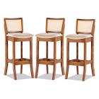 Kit 3 Banquetas Alta Portugal com Encosto Rattan Estofada Linho Bege M58