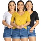 Kit 3 Blusa Camiseta Básica Feminina Manga Curta