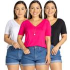 Kit 3 Blusa Camiseta Básica Feminina Manga Curta