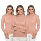 Kit 3 Blusa Feminina Tricô Gola Alta Manga Longa Lã Botão na Manga