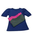 Kit 3 Blusas Feminina Canelada MANGA PRINCESA Azul Marinho/Rosa Pink/Verde Militar Liquidação Moda Feminin