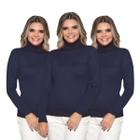 Kit 3 Blusas Feminina Tricô Manga Longa Gola Alta Lã Inverno Casual