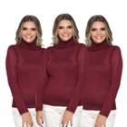 Kit 3 Blusas Feminina Tricô Manga Longa Gola Alta Lã Inverno Casual