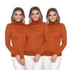 Kit 3 Blusas Feminina Tricô Manga Longa Gola Alta Lã Inverno Casual