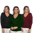 Kit 3 Blusas Feminina Tricô Suéter Manga Longa Trançado Frio