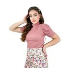 Kit 3 blusas femininas canelada manga curta bufante gola alta moda cristã romântica evangélica