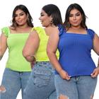 Kit 3 blusas plus size canelada alça babado moda feminina casual