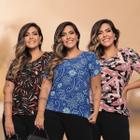 Kit 3 Blusas Plus Size Estampada Casual Manga Curta Liganete Estampa Sortida