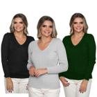 Kit 3 Blusas Suéter Feminino Tricot Trançado Gola V Inverno