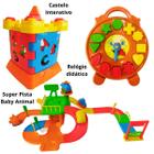Kit 3 brinquedos didáticos com muitas peças - castelo interativo relógio infantil e super pista